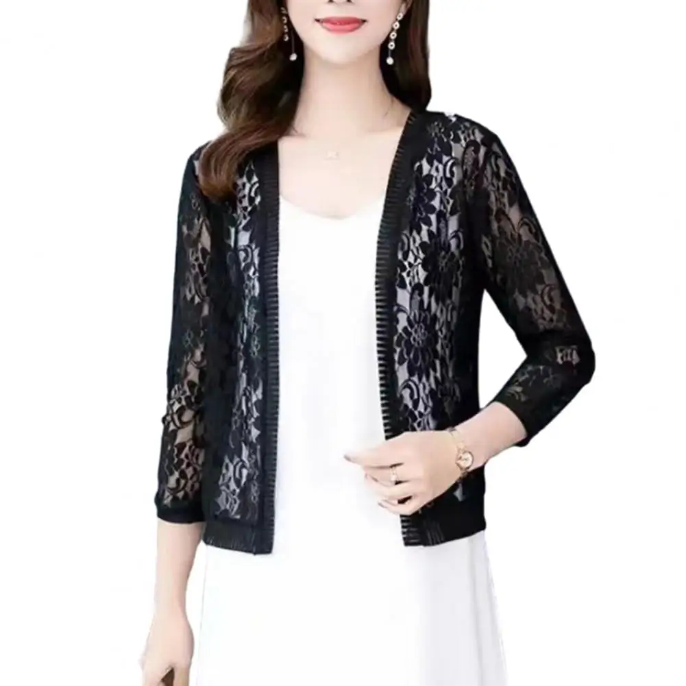 Top ligero de moda para mujer, cárdigan de encaje informal transpirable de Color sólido para cubrir, ropa de mujer