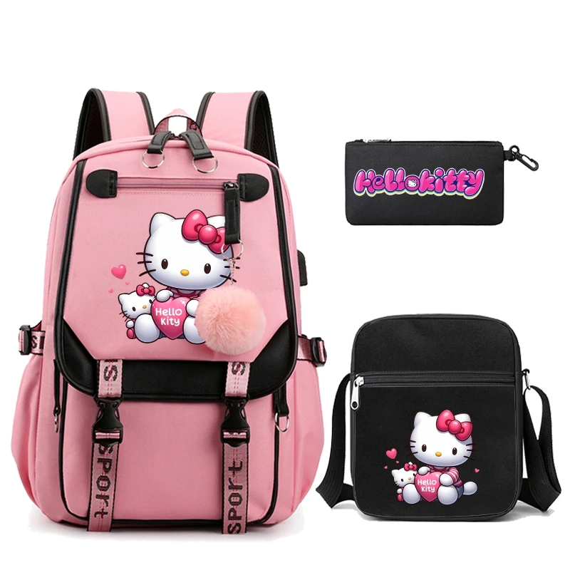 3Pcs/set Anime Hello Kitty Plecak płócienny dla mężczyzn Kobiety Torba podróżna Student Girl Boy Powrót do szkoły Schoobag Mochila