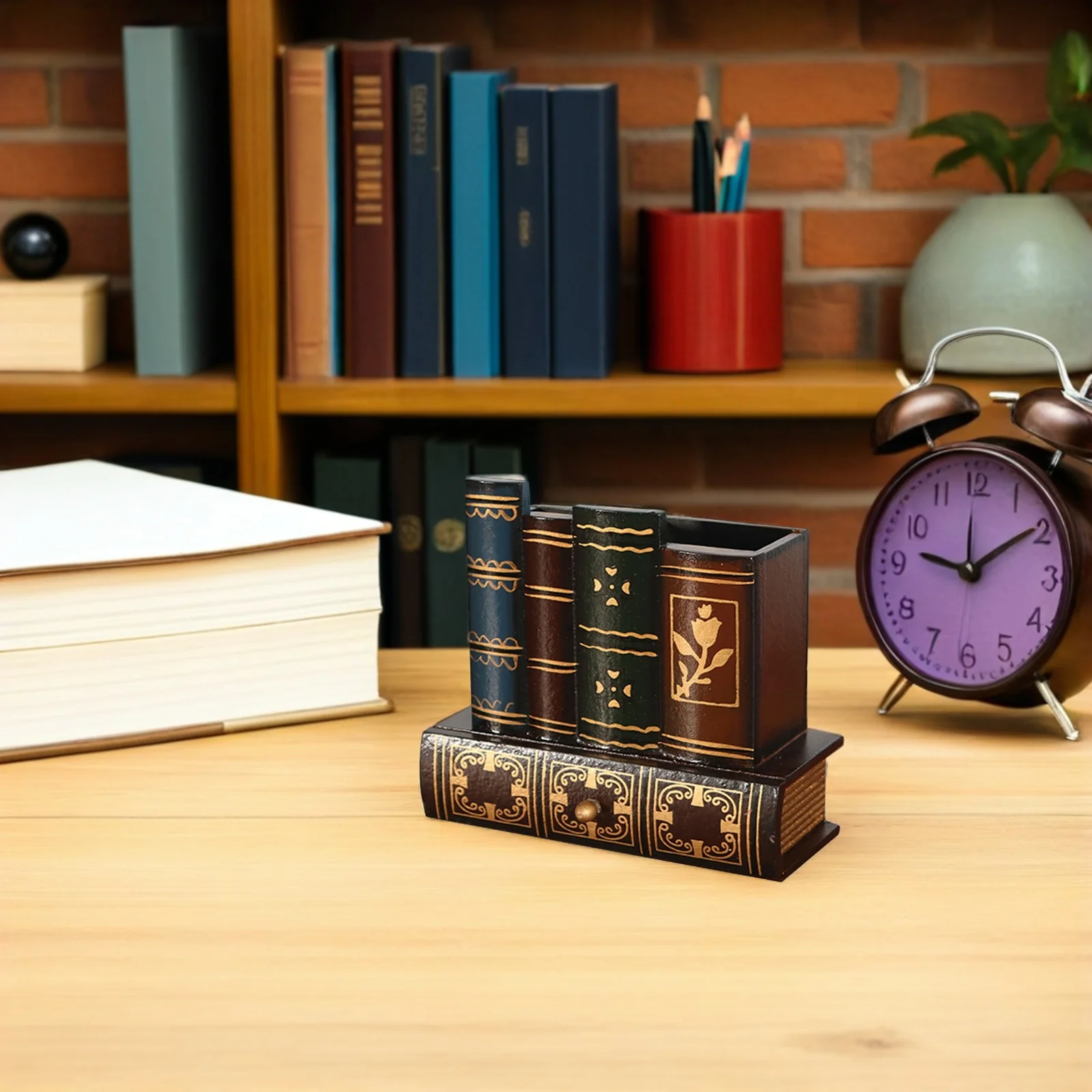 1Pcs Wooden Pen Holder Retro Style European Desktop Storage Box Drawer Multifunctional Pen Container for Home Office Study