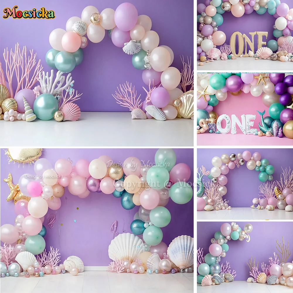 Mocsicka Purple Fantasy Mermaid Background Photography Balloon Seashell Pearl Undersea Backdrop Kid Girl Birthday Photo Studio