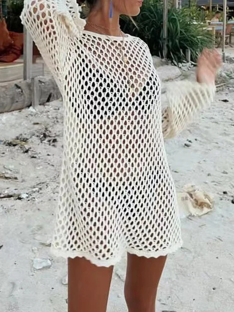 

UETEEY Sexy Solid Hollow Out One Piece Vacation Covers Summer Solid Knitted Fish Mesh Pullover 2025 New Long Sleeve Mini Dresses
