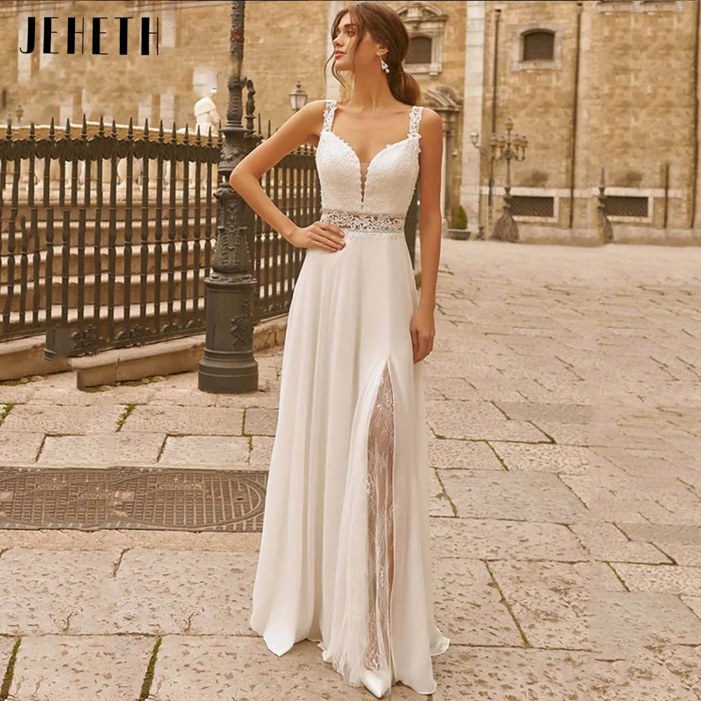 JEHETH Vestidos de noiva com coração para mulher Fenda lateral Renda Apliques Boho Vestidos de noiva sem mangas Costas abertas Boho vestidos de novia boda civil robe de mariée bohême