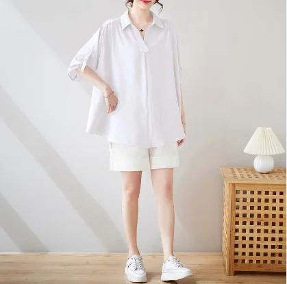 2025 Summer New Large-size Women's Solid Color Loose Belly-covering Medium-length Chiffon Top Short-sleeved Shirt