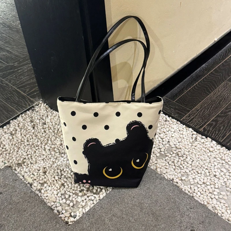 Polka Dot Coal Ball Cat Shoulder Bag,Korean Cute Cartoon Print Print Magnetic Buckle Handbag,Women Commuter Shopping Bucket Bag