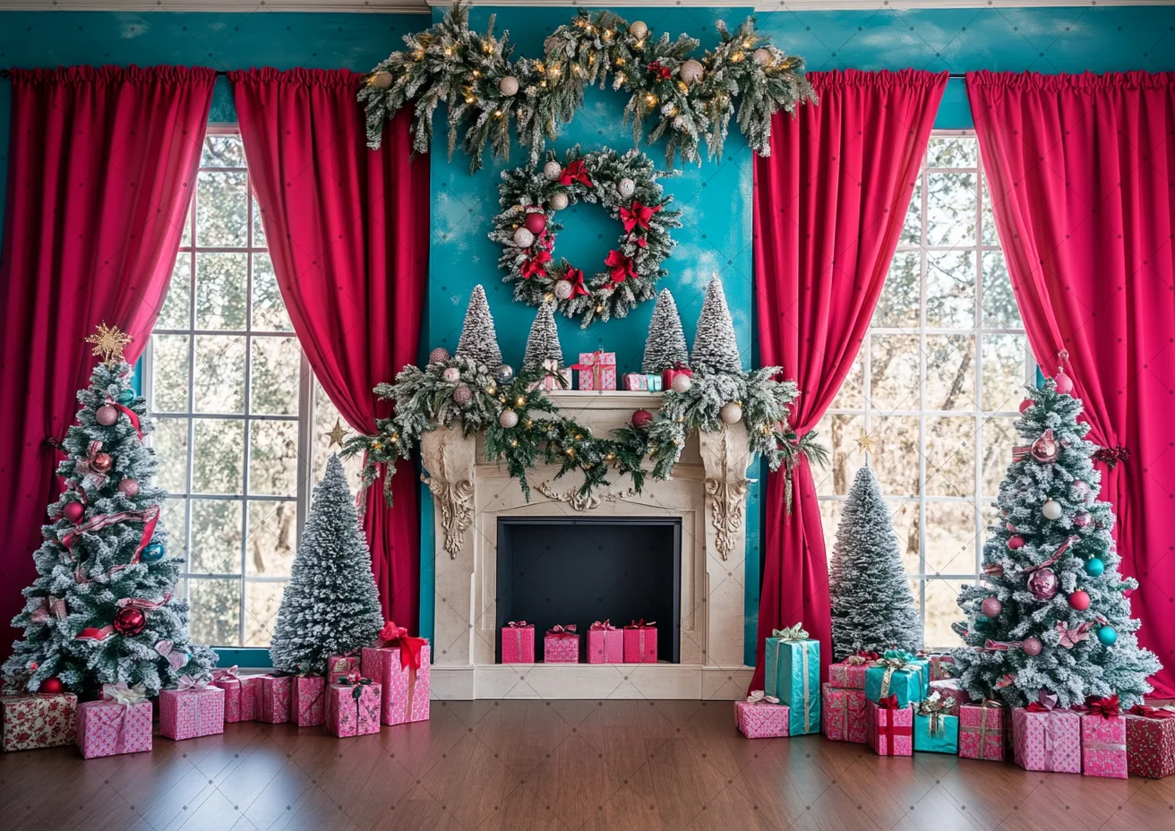 Pink Christmas Photography Backdrop Xmas Tree Fireplace Gifts Box Background Family Party Baby Shower Banner Decor Photo Studio