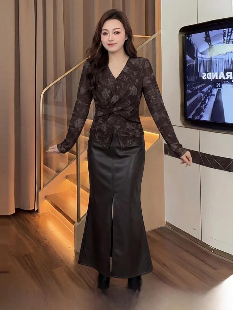

Large Size Beautiful Broccoli Print Knot Base Shirt Half Skirt Set Winter New Women's Fashion Inner Wear Nylon Spandex Polyester