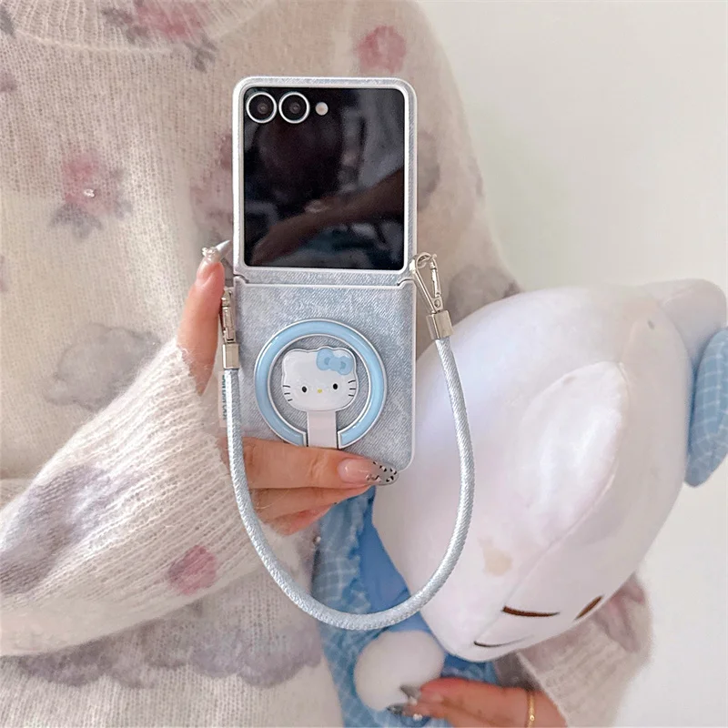 

Fashion Denim Leather Magnetic Phone Case For Samsung Galaxy Z Flip 7 6 5 ZFlip6 ZFlip7 Cover with Hellokitty Stand Hand Strap