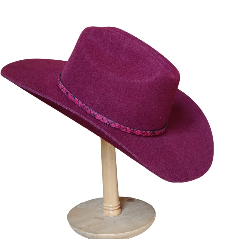 Burgundy 10CM Wool Autumn Winter Western Cowboy Hat Gem Set Snakeskin Accessories Felt Hat with Belt Feather adorned
