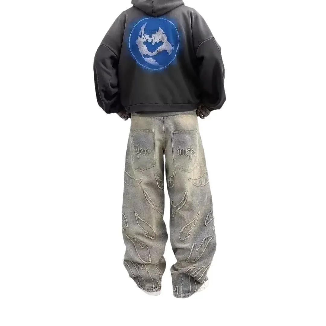 Harajuku خمر الخفافيش نمط التطريز فضفاض الجينز الرجال الشارع السراويل كسول الجينز #5