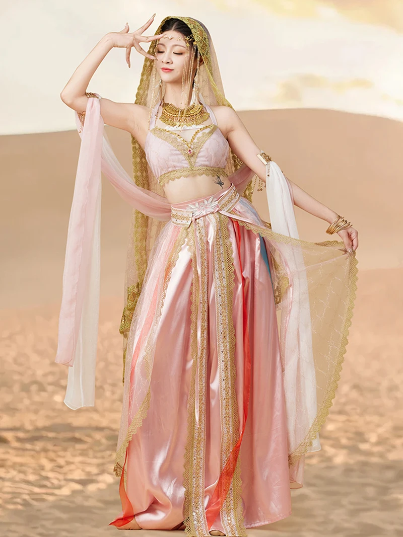 Pink Adult Women Classical Dance Costumes Flying Dance Western Regions Princess India Exotic Dancewear Performance Clothes