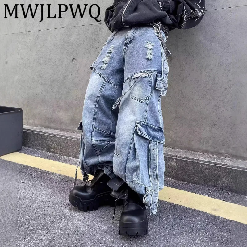 

MWJLPWQ Осенние новые потертые джинсы-карго для мужчин с несколькими карманами на шнуровке, модные широкие брюки длиной до пола 11956