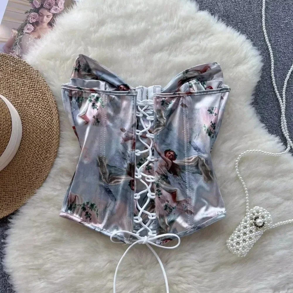 Chic Satin Print Lace Up Tube Top Sexy Strapless Basic Crop Top Korean Fashion Tanks Top Women Camis Summer Women Corset Bustier