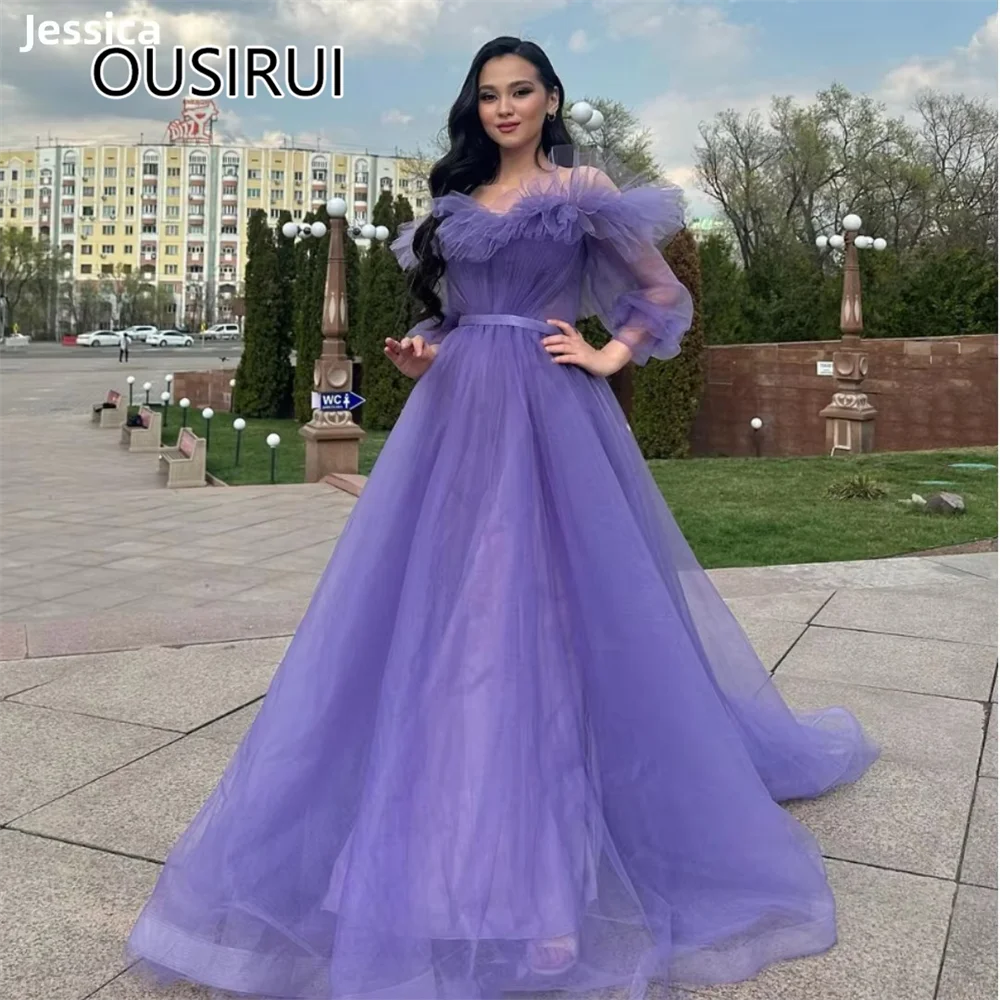 OUSIRUI Charming Off-Shoulder Tulle Ruffles Women Prom Dress Backless Court Holiday Prom Gown with Long Sleeve robe de mariée