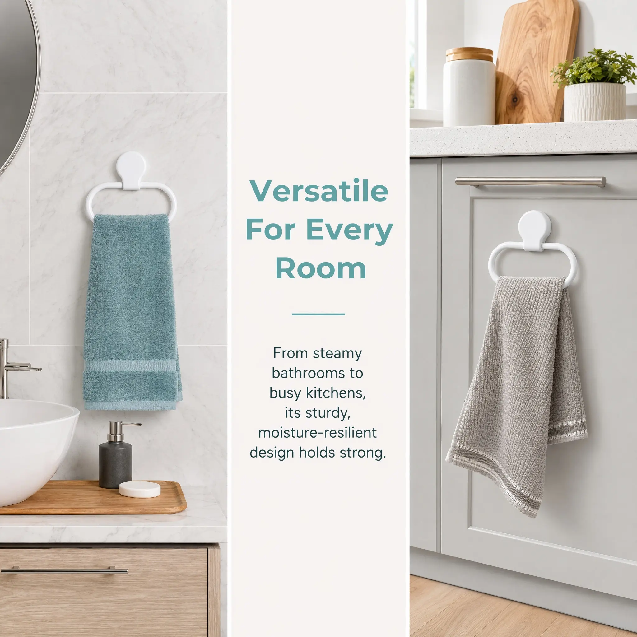 Easy Stick Self-Adhesive Towel Ring Premium ABS Material for Bathroom and Kitchen Use No Tools Needed Towel Holder Rack White