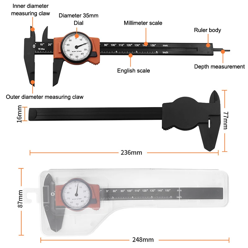

0-150MM 0-6" Marking Vernier Caliper With Watch Plastic Vernier Caliper With Storage Box High Precision Instrument Tools