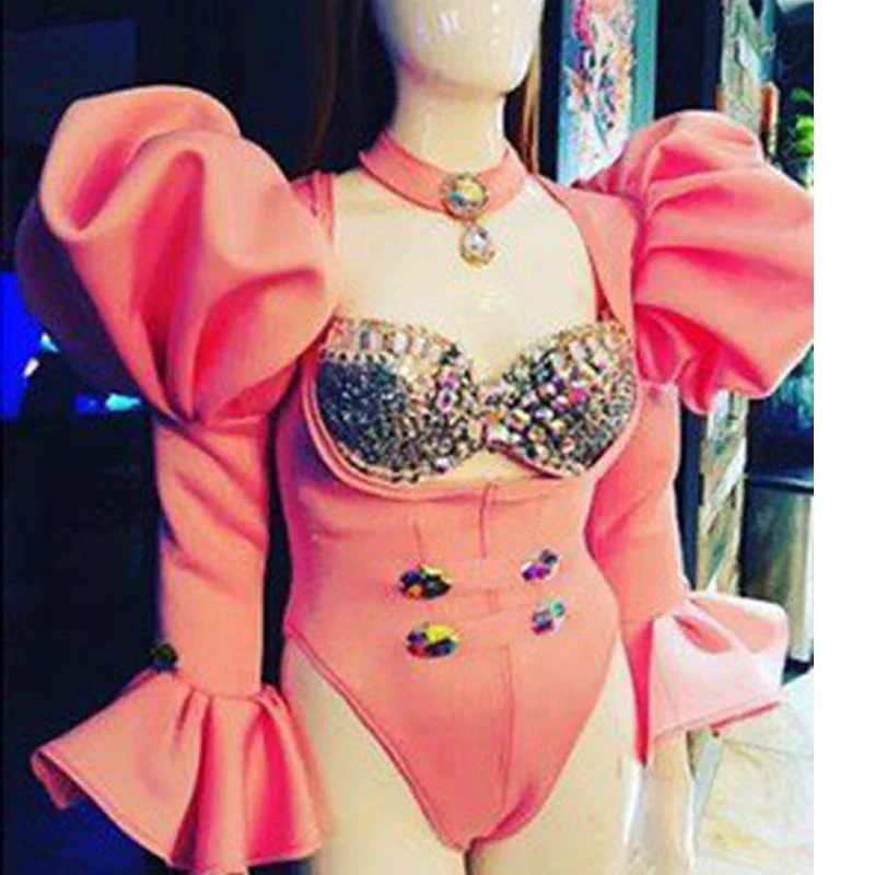 

Бар, ночной клуб, Dj Ds, одежда для танцев на пилоне, женское розовое боди с преувеличенными пышными рукавами, праздничный наряд, одежда для сцены, рейва, XS5420