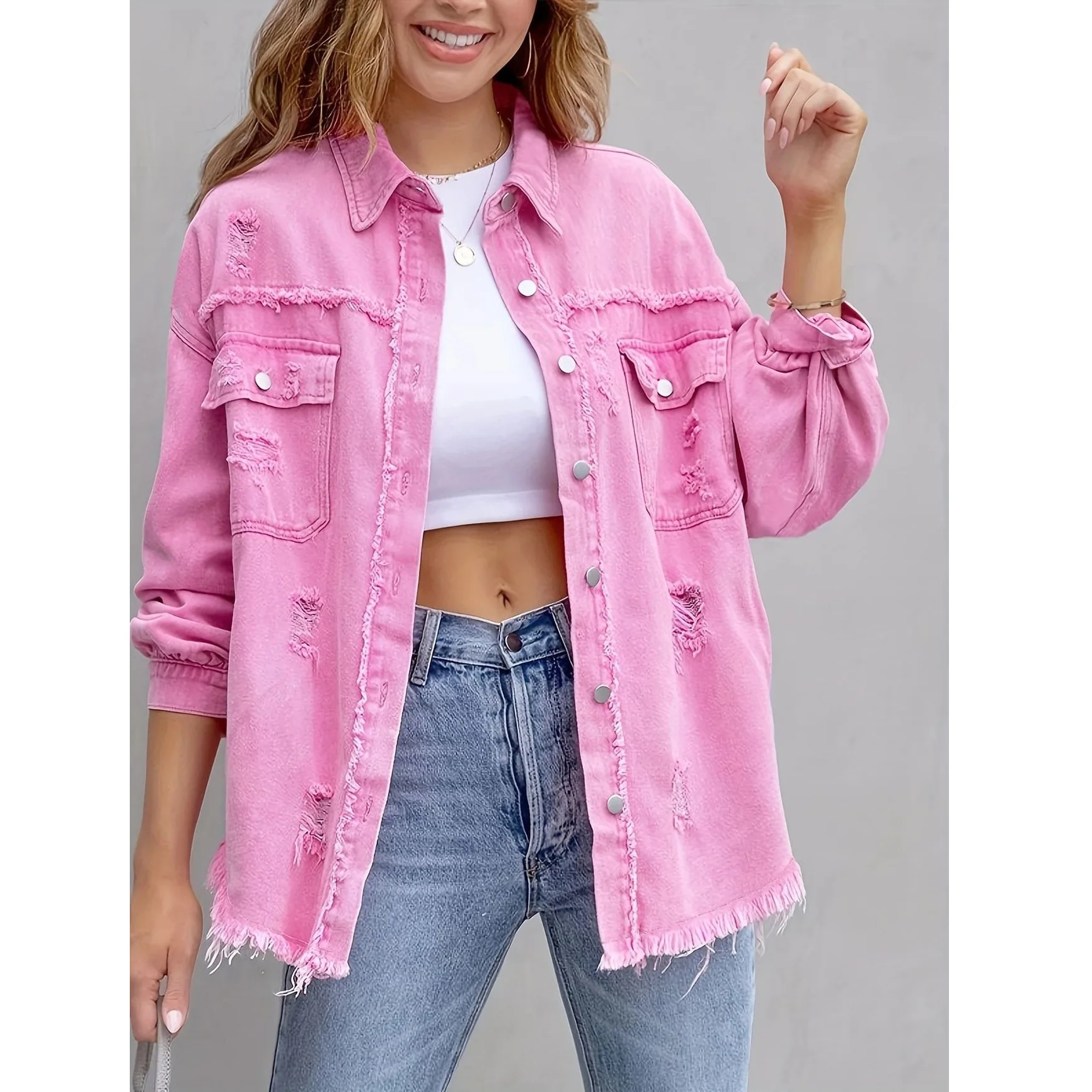 Spring Autumn Shirt Style Denim Jacket Women Holes Raw-edges Jeancoat Casual Tops Female Oversize Loose Ladies Outerwear