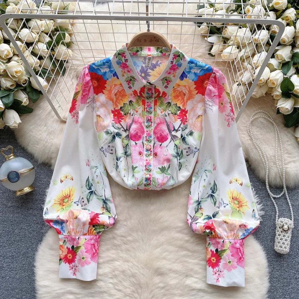 Vintage Elegant Print Lantern Sleeve Loose Blouse Fashion Polo-neck Shirt  Casual Chic Top Fairy Autumn Women