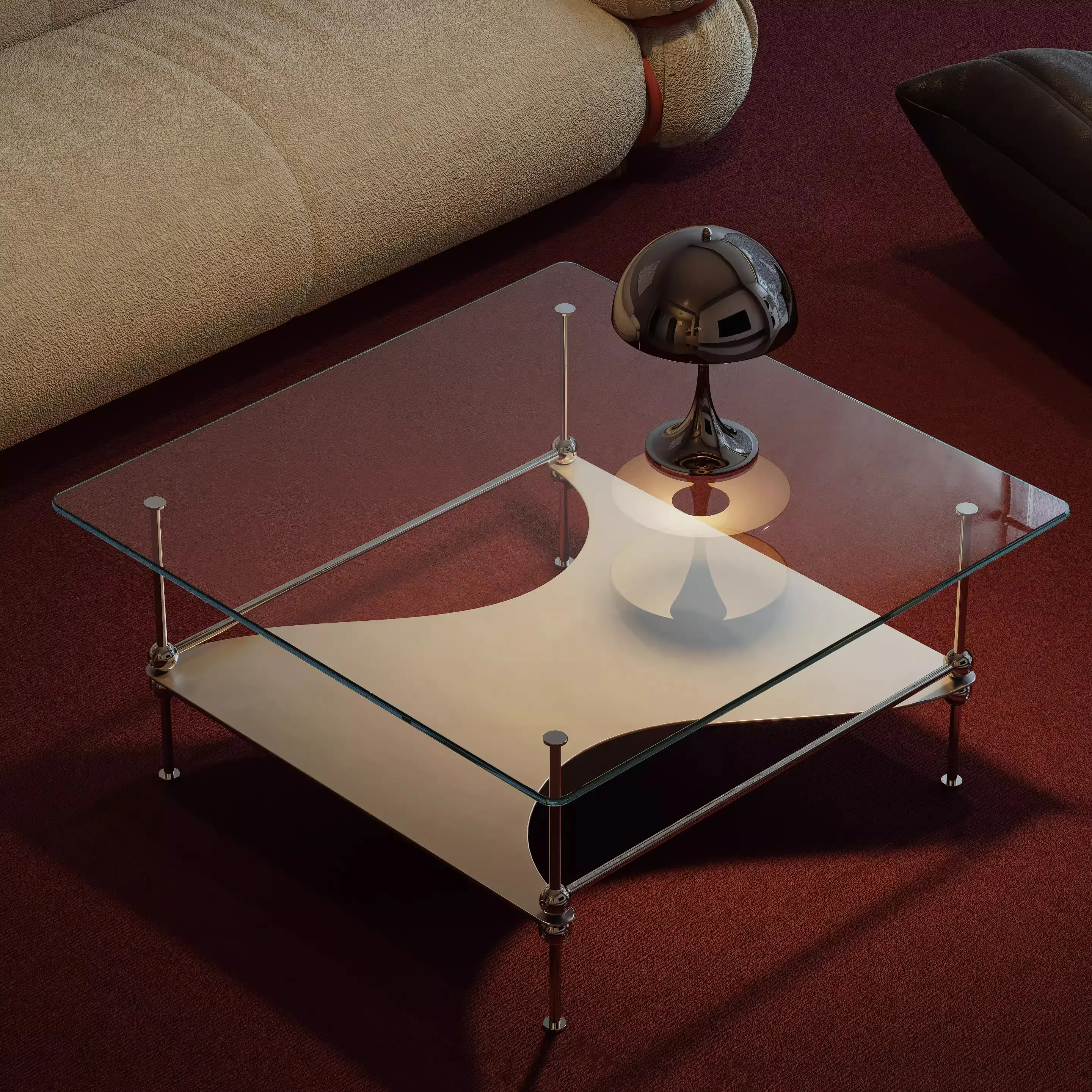 AAArc Stacked Square Coffee Table Ultra White Tempered Glass Metal Versatile Minimalist Medieval Bauhaus Style Side Table