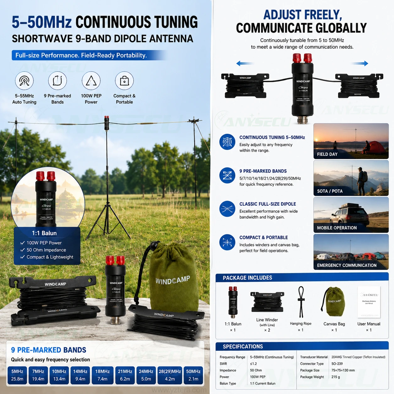 5-50MHz HF Dipole Antenna 100W PEP 1:1 Balun Adjustable Shortwave Ham Radio Outdoor Portable 9 Band Resonant Antenna Field Day