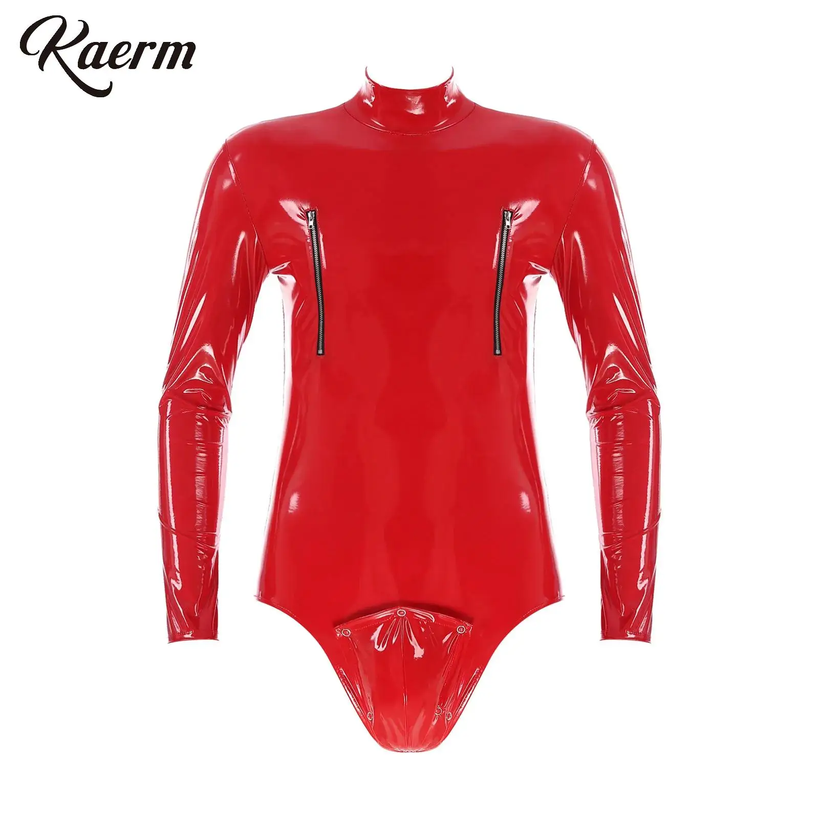 

Mens Zippered Long Sleeve Bodysuit Open Crotch Removable Bulge Pouch Patent Leather Leotard Stage Performance Jumpsuit Clubwear