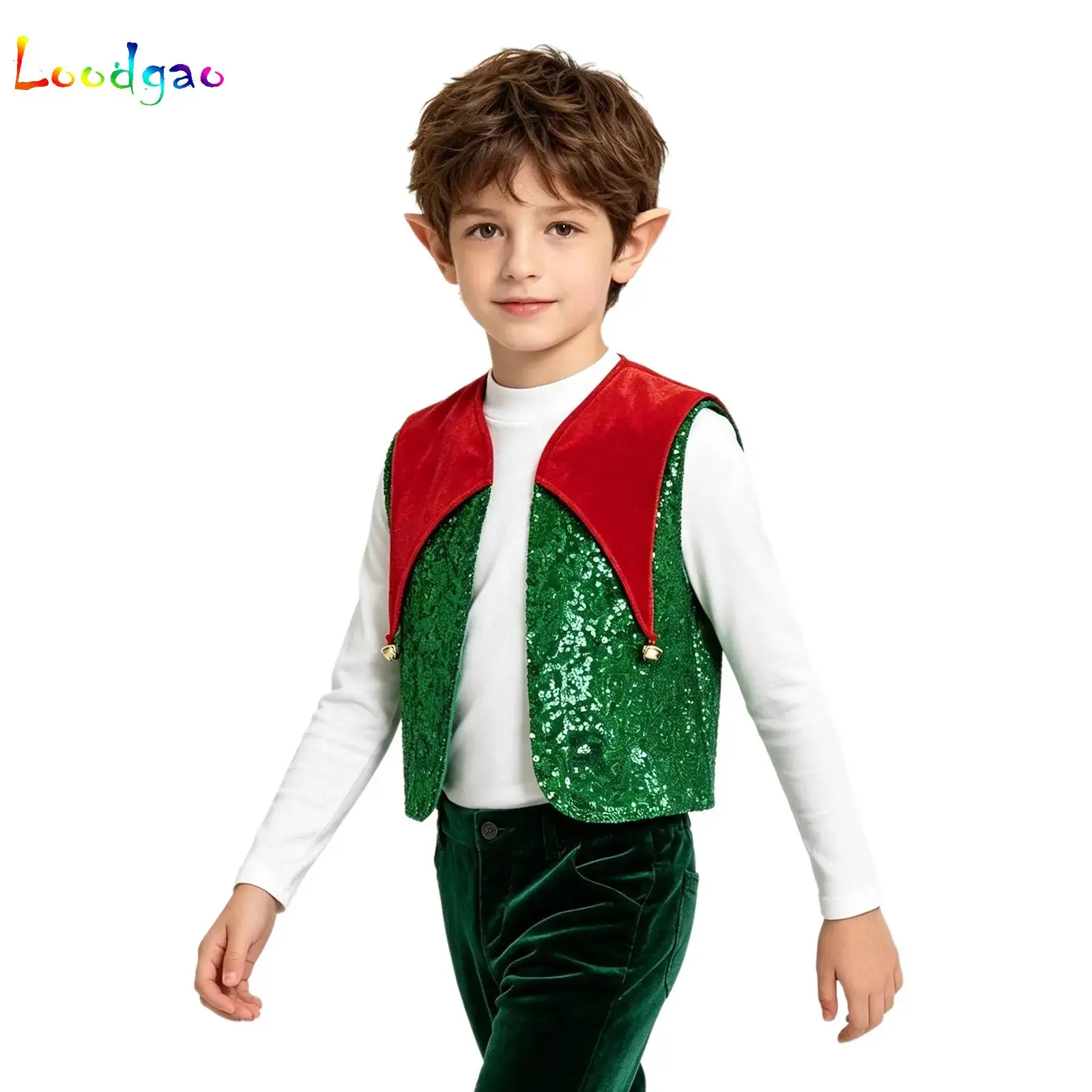 Children Boys Girl Christmas Shiny Sequin Santa Elf Vest Latin Jazz Disco Dance School Choir Waistcoat for Xmas Masquerade Party