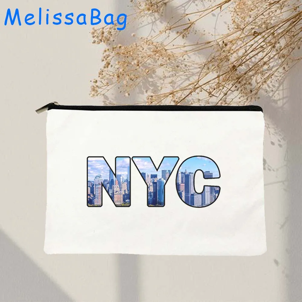 Bolsa de lona con cremallera para cosméticos, bolsa de lona con letras de NYC, Empire State Building, Estatua de la libertad, regalos para maquillaje