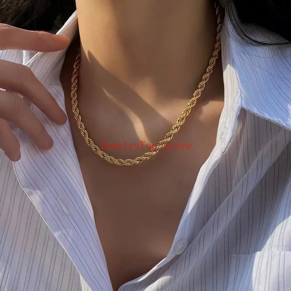 Fine Noble 18-24Inch 45-60cm 18K Gold 4mm Round Rope Chain Necklace for Women Man Fashion Wedding Party Charm Jewelry