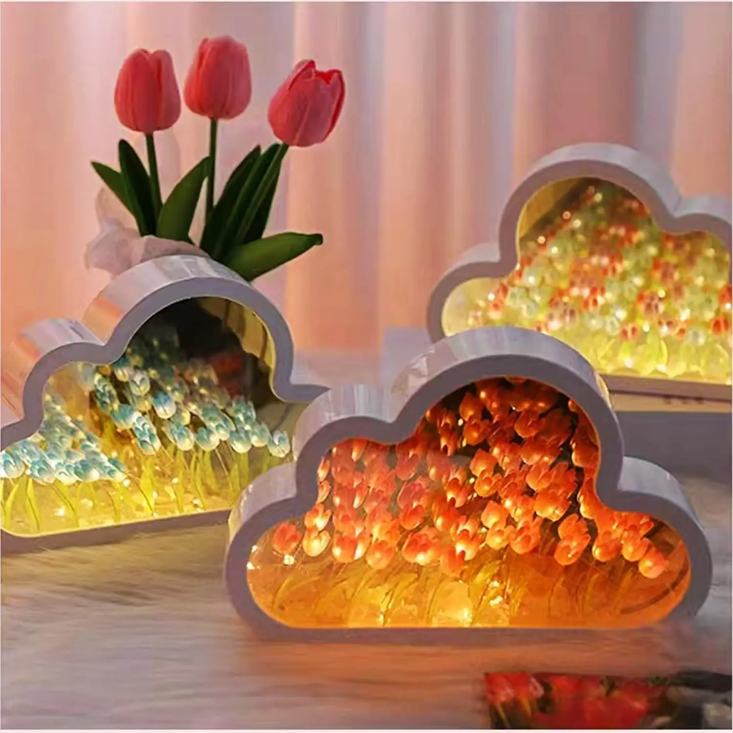 Finished Product Cloud Mirror Tulip Lamp Simulation Flowers Bedroom Lamps Tulips Mirror Night Light Birthday Gifts Home Decor