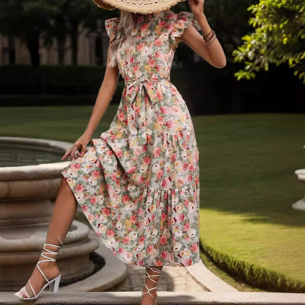 Elegant Floral Prints Dresses For Summer Women Dress 2024 New O-neck Short Flying Sleeves Lace Up High Waisted Midi Dress Woman