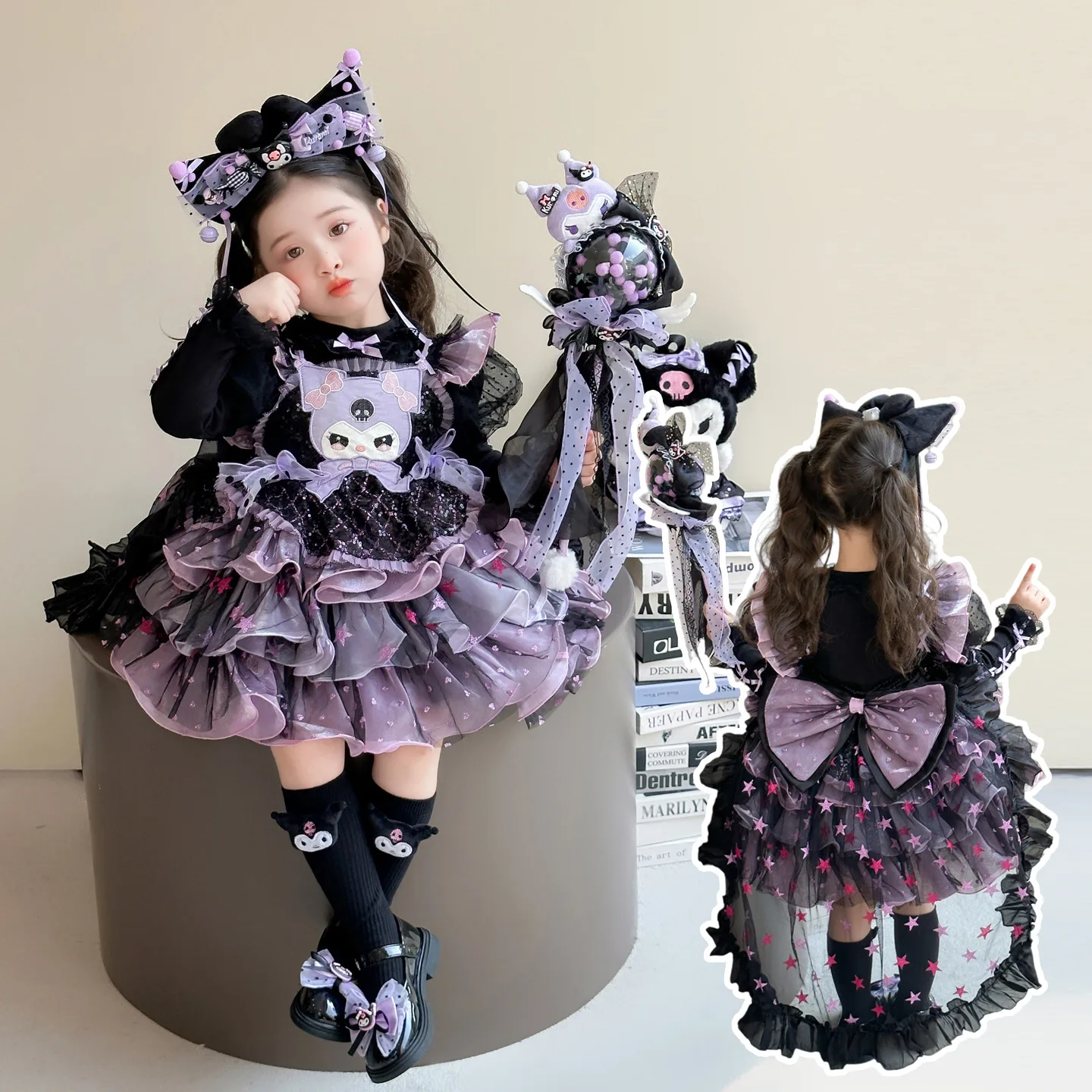 

Anime Kuromi Girls Lolita Princess Dress Ruffled Tutu Skirt Layered Dress Halloween Costume Bow Decoration Party Dress Gift