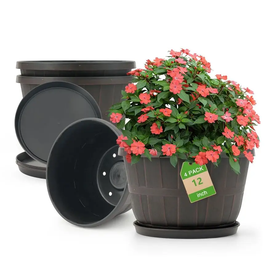 

12 Inch Large Planter Pot for Plants Indoor Outdoor, 4 Pack Plastic Flower Pots with Drainage Hole amp Tray, Modern Decorative G