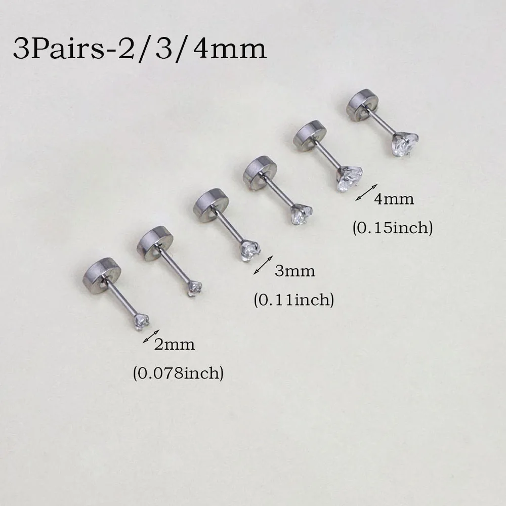 6Pairs Rvs Plat Schroef Studs Oorbellen Voor Vrouwen Mannen 4 Prong Tragus Kleine Ronde Clear Zirconia Oor sieraden