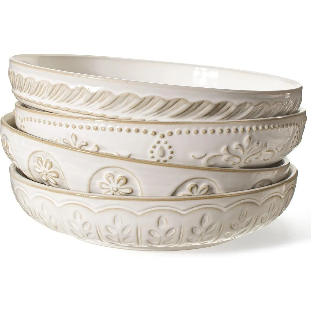 

Pasta Bowls, 50oz Large Salad Serving Bowls, 9.75'' Plates Bowls Set of 4, Big White Ceramic Soup Bowls for Kitchen, Embossment