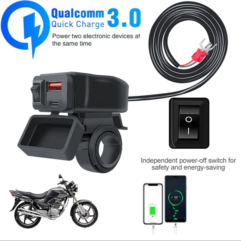 6.8A PD+QC3.0 Motocycle Dual USB Charger Adapter Rearview Mirror Waterproof Power Supply Socket For iPhone Samsung Huawei