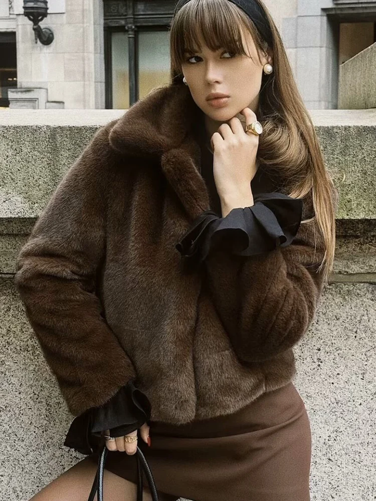 

Зимняя женская куртка, однотонная утепленная верхняя одежда с лацканами из искусственного меха, модные короткие куртки с мехом, элегантная роскошь