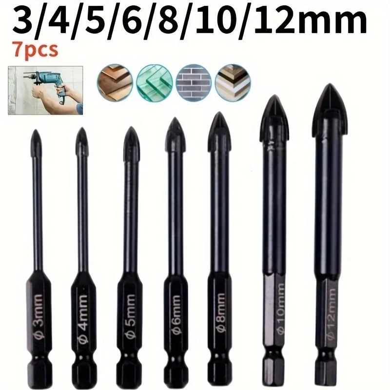 

7pcs/Set Cemented Carbide Cross Hex Tile Glass Ceramic Drill Bits Set Efficient Universal Drilling Tool Hole Opener For Wall