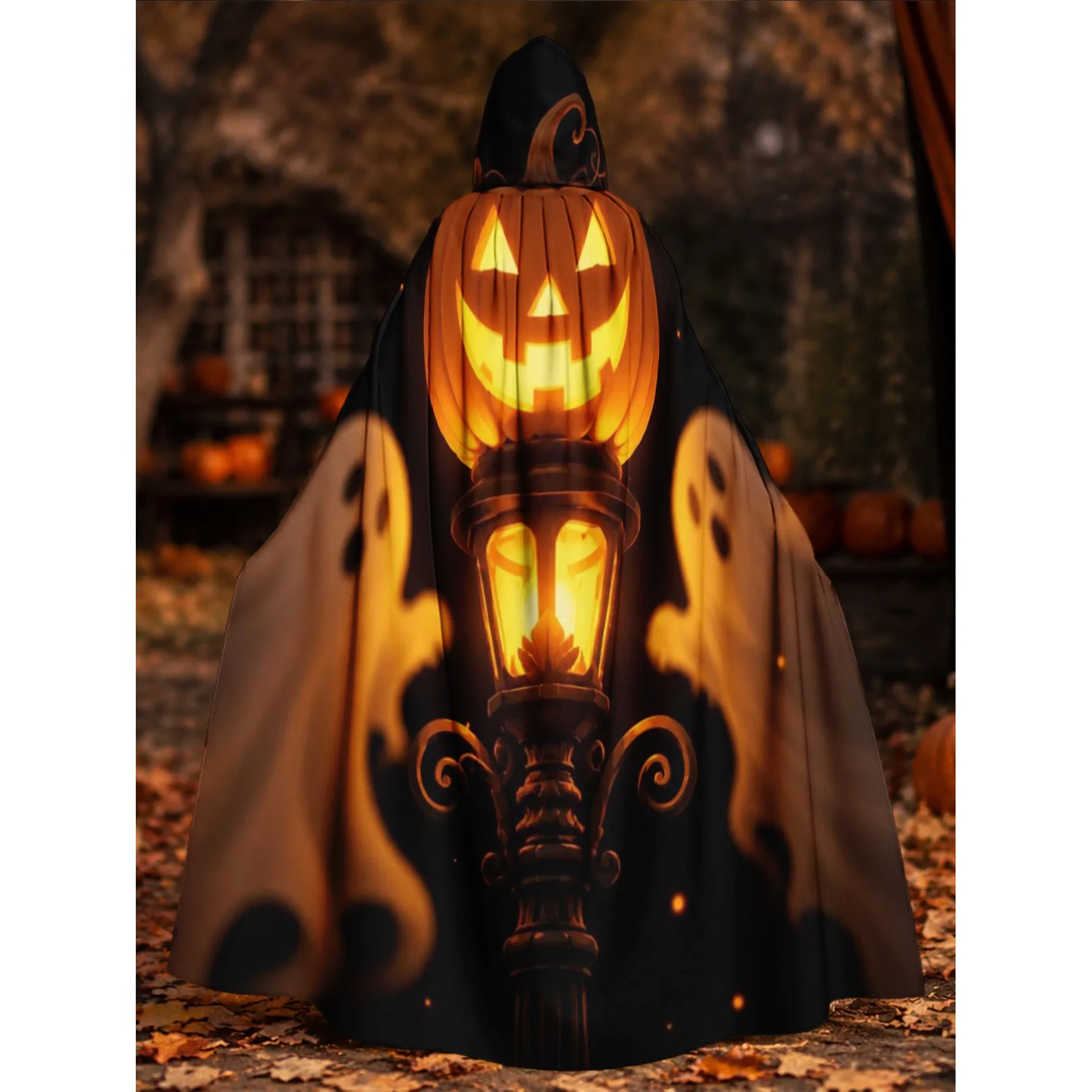 Halloween Pumpkin Ghost Print Hooded Cape Adult Cosplay Costume One Size for Carnival Parties