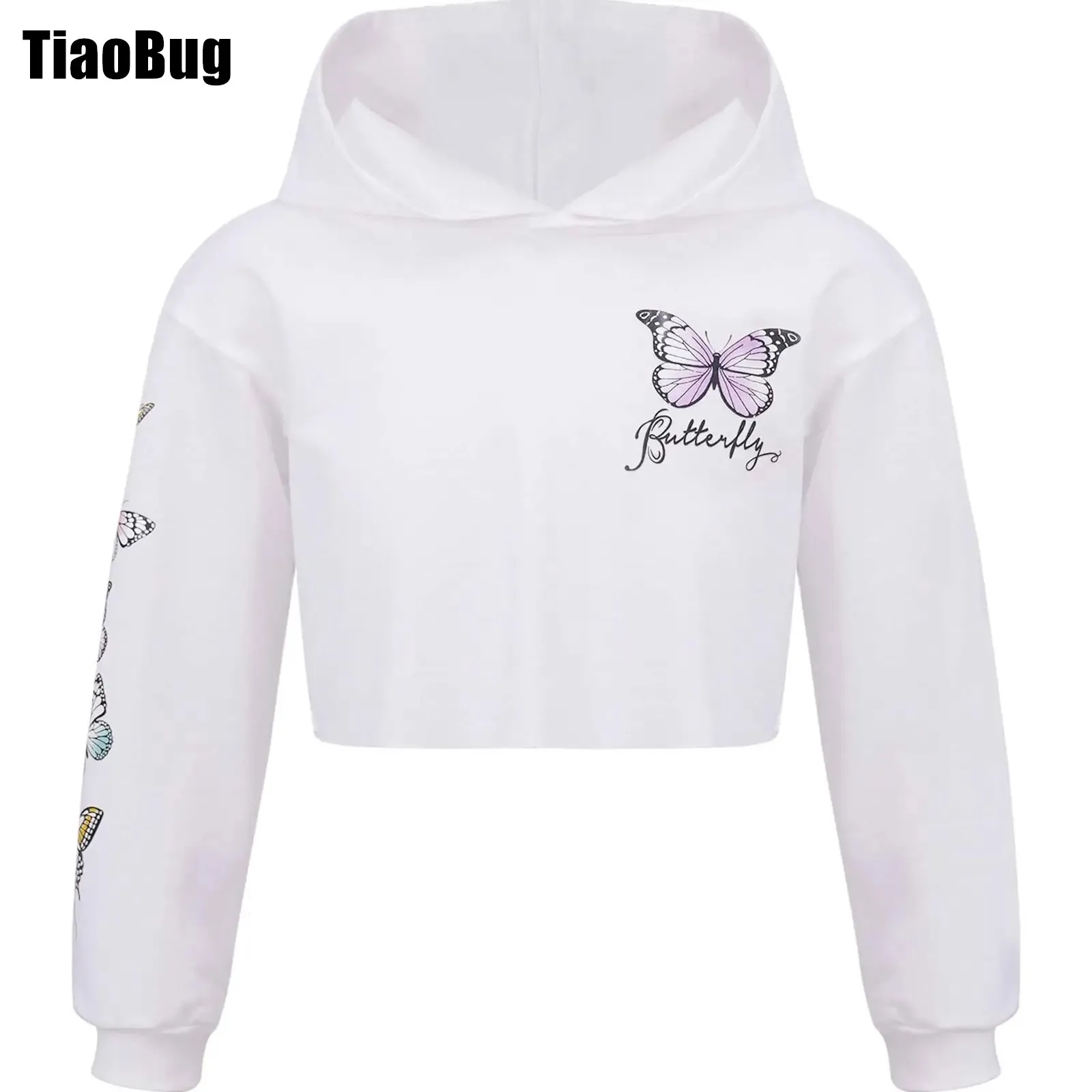 

Kids Girls Clothes Casual Hooded Long Sleeves Butterfly Print Cropped Sweatshirt for Gym Dance Harajuku Children Clothing Coat