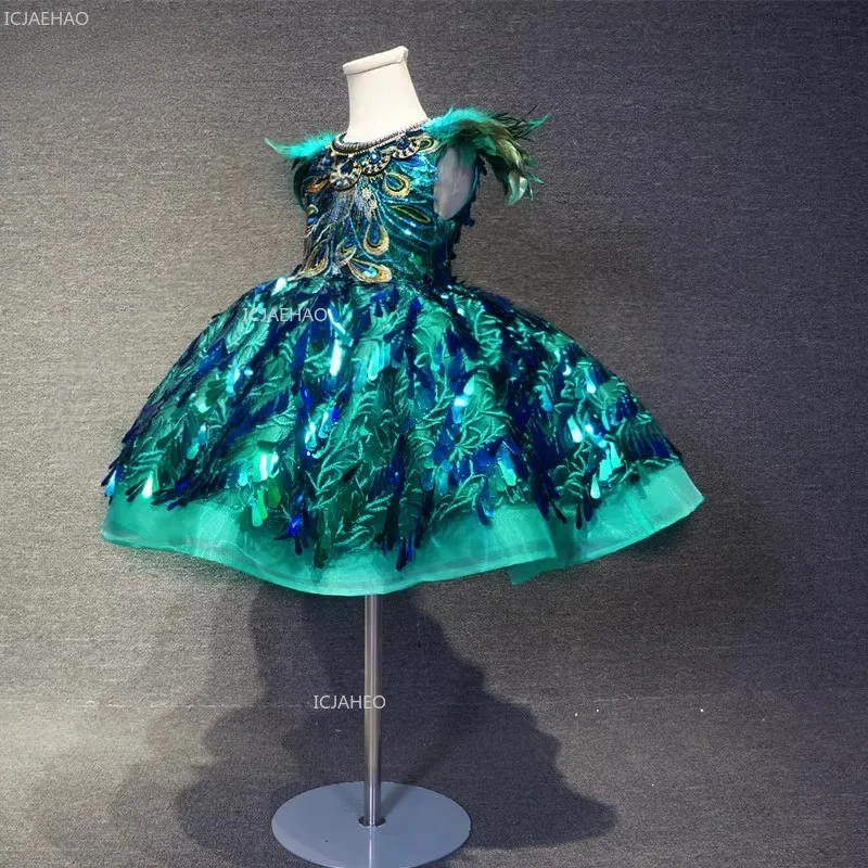 

Детское зеленое короткое платье с пайетками для девочек, пышное тюлевое платье принцессы для показа мод, выступлений, новогодних мероприятий