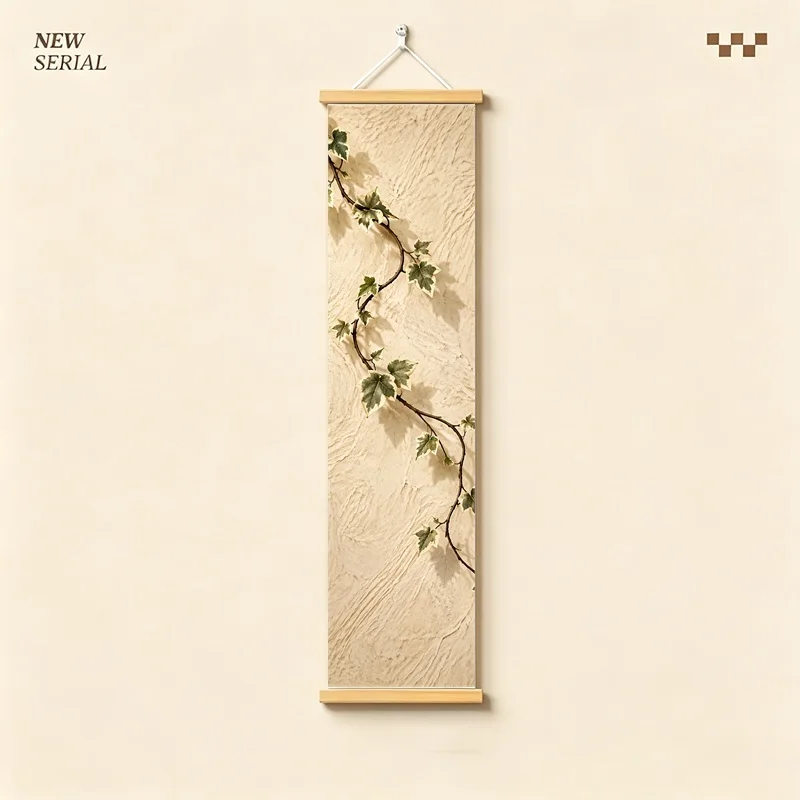 Wall Decor Variegated Ivy and Clematis, Natural Wabi-Sabi Botanical Silver Shimmer Canvas Hanging Scroll for Yoga Studio