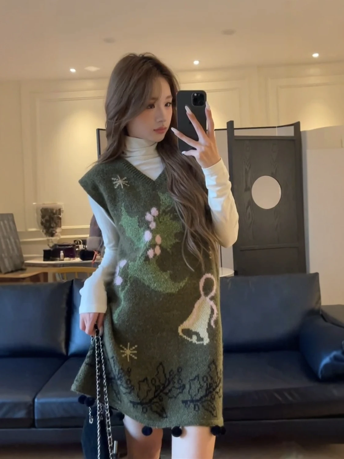 

Ретро-платье с V-образным вырезом, вязаное, женское, весеннее, с флокированным декором и вышивкой, комплект из жилета и юбки, однотонная базовая рубашка