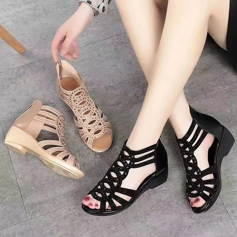 Women Summer Fashion wedge heel Rear zipper round head open-toe hollowed-out rhinestone Sandals Casual outdoor sneakers Size 43
