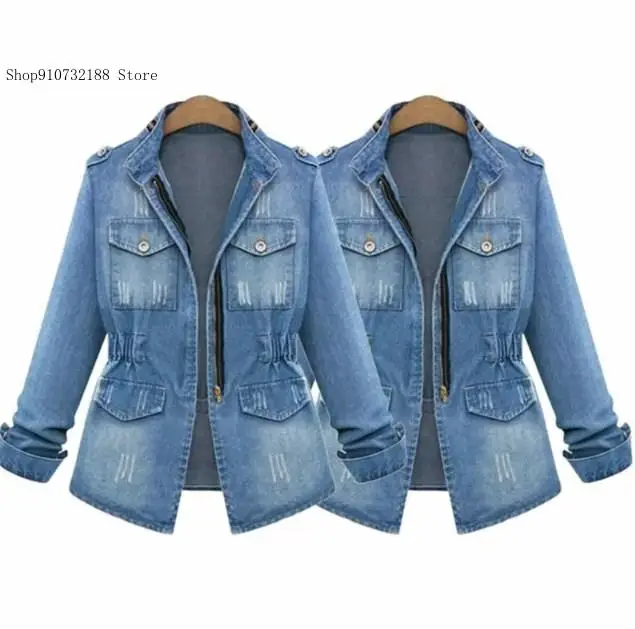 Spring Autumn Winter European and American Blue Denim Long Sleeve Chain Jackets Multiple Pockets Coats Women