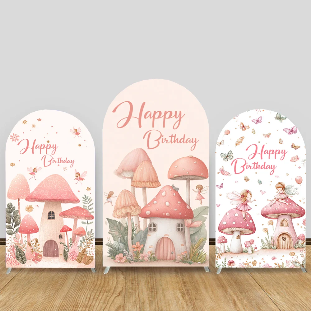 

Water Colored Cute Mushroom Fairy Arch Cover Background Decor Girl Baby Shower Flowers Photo Arched Background Decor
