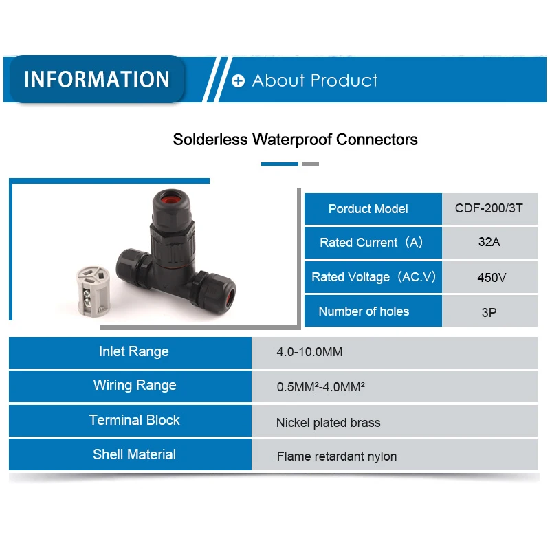 IP68 T Shape Waterproof Connector Electrical Junction Box 3 Pin Screw Conductor Wiring Terminal Block For 4-10mm Cable DIY GO