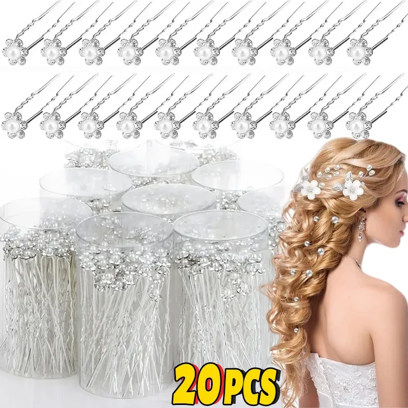 20pcs Elegant Pearl Crystal Hairpin Wedding Bridal U-shaped Metal Hair Comb Forks for Women Hairstyle Clips Jewelry Accessories