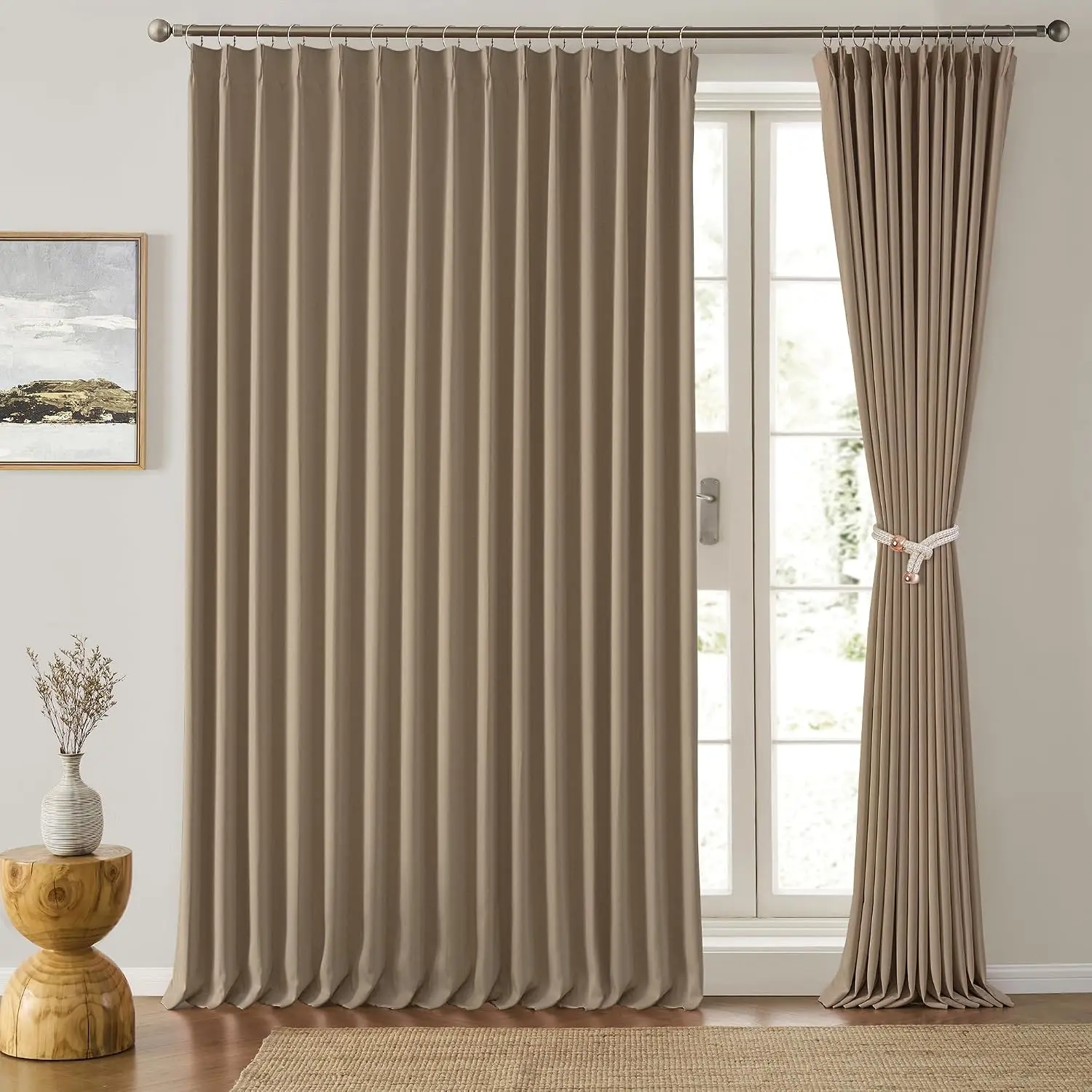 Thermal Insulated Light Blocking Curtain Panels Cappuccino Triple Weave Extra Wide Pinch Pleat Window Treatment Set