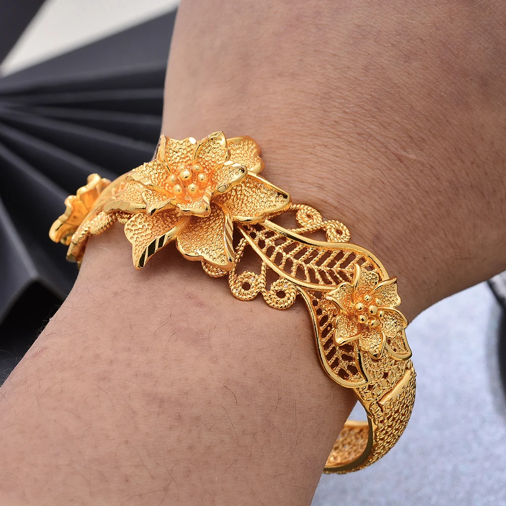 

Ethiopian Bridal Gold Color Flower Bangles Indian Wedding Jewellery Dubai Engagement Bracelets Hand Jewelry Gifts 24k New