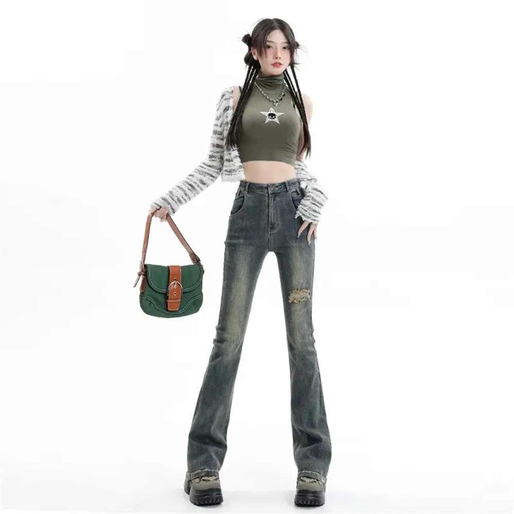 Ripped Flare Jeans Vrouwen Skinny Hoge Taille Esthetische Y2k Kleding Denim Broek Vintage Gewassen Retro Koreaanse Mode Straat Broek